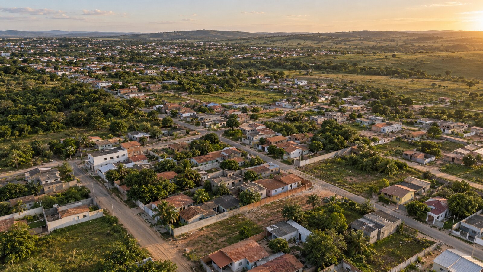 Vista aérea ilustrativa de área urbana em processo de organização fundiária